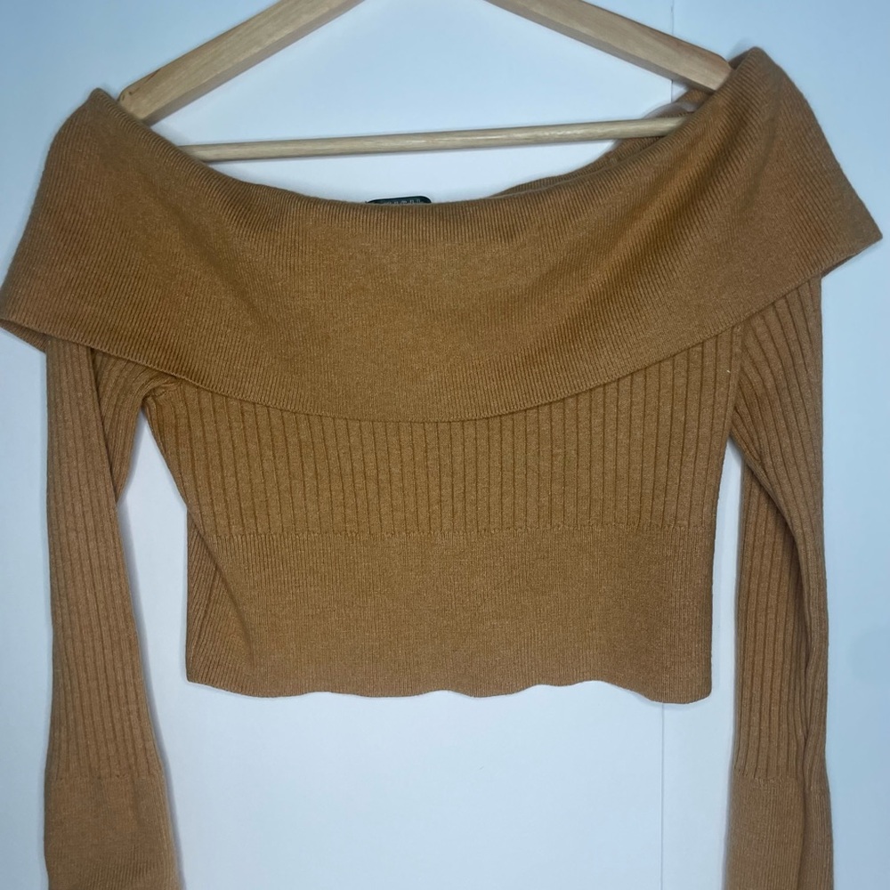wild fable Off-the-Shoulder Ribbed Crop Sweater - Camel Brown